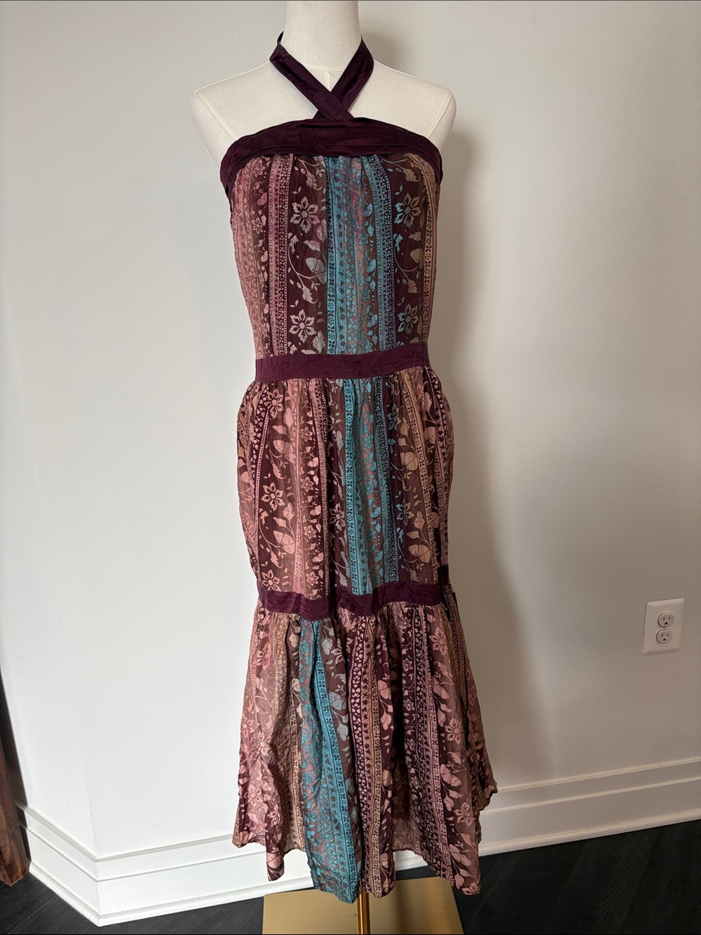 Laundry Vintage silk  Plum & Teal Halter Maxi Dress XS